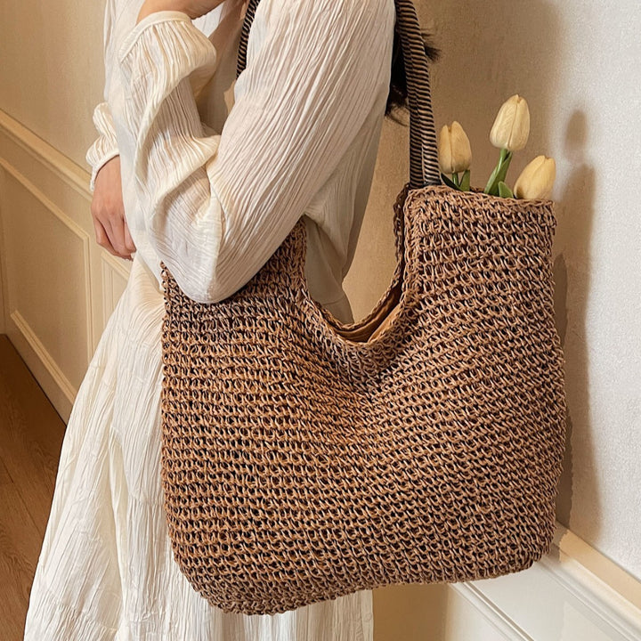 Elegant Handbag Made from Hand-Woven Natural Material with Striped Handles Bowlift