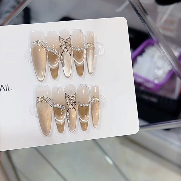 Artistic Butterfly and Pearl-Embellished Press-On Nail Set Bowlift