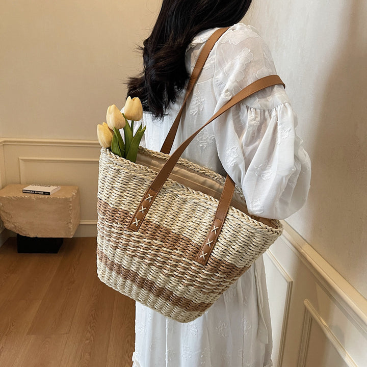 Woven Natural Material Handbag with Leather Accents Bowlift
