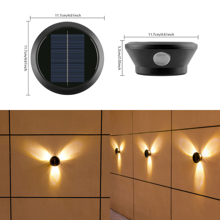 Round Solar Wall Lamp With Quad-Beam LED Decorative Outdoor Sconce And Weatherproof Housing Bowlift