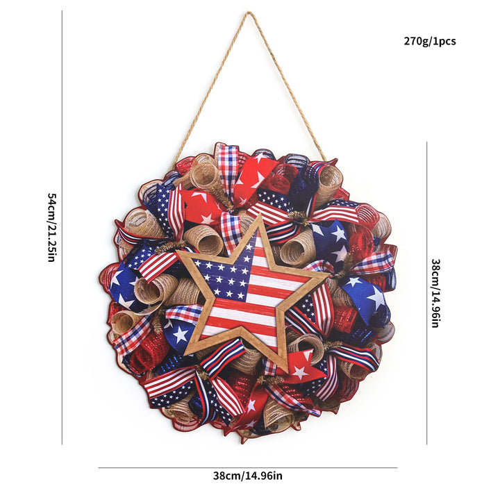 Unisex nan Patriotic Americana Burlap Ribbon Star Door Wreath with Jute Hanger Bowlift