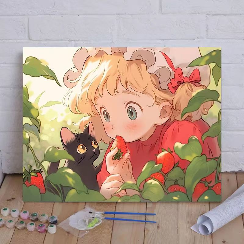 Cartoon Cat and Girl Themed Canvas Paint by Numbers Art Kit Bowlift