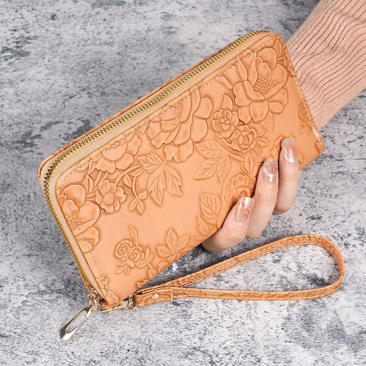 Embossed Floral Zip-Around Wristlet Wallet with Detachable Strap Bowlift