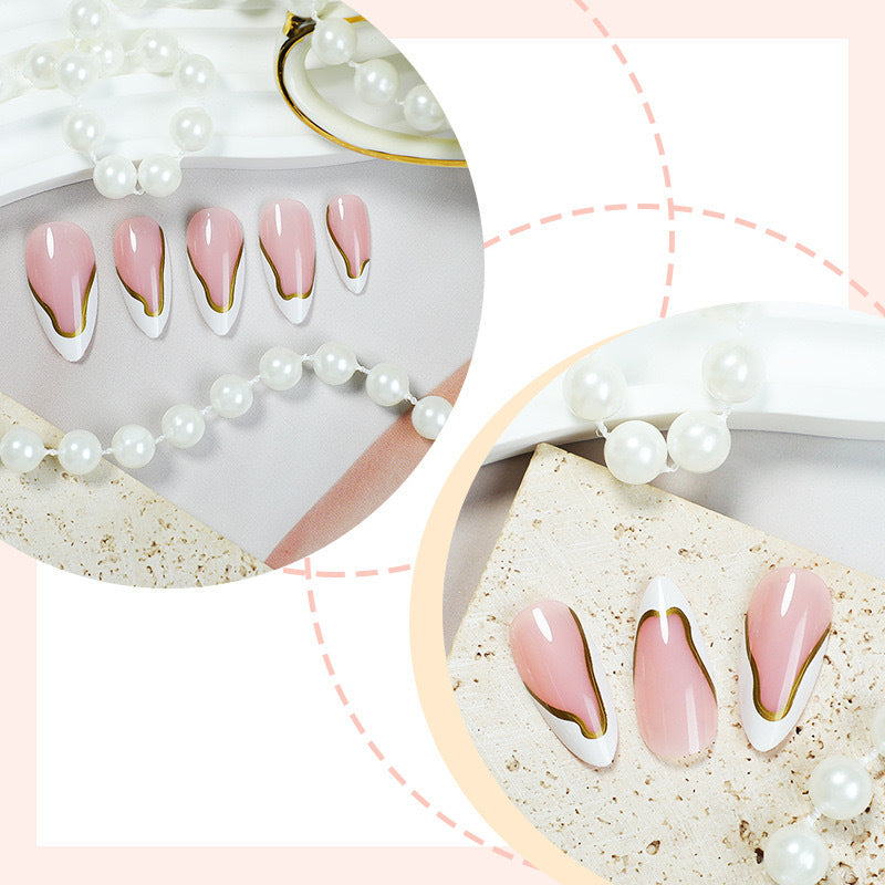Artificial nail set with elegant French design and gold accents Bowlift