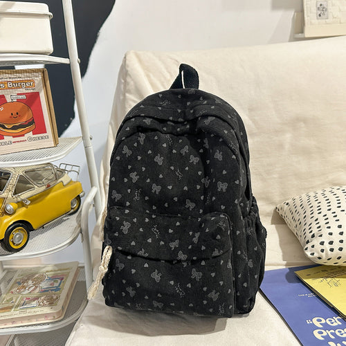 Textured Corduroy Backpack with Heart Pattern