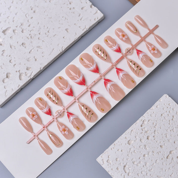 Elegant Floral and Gold Accent Press-On Nail Set Bowlift