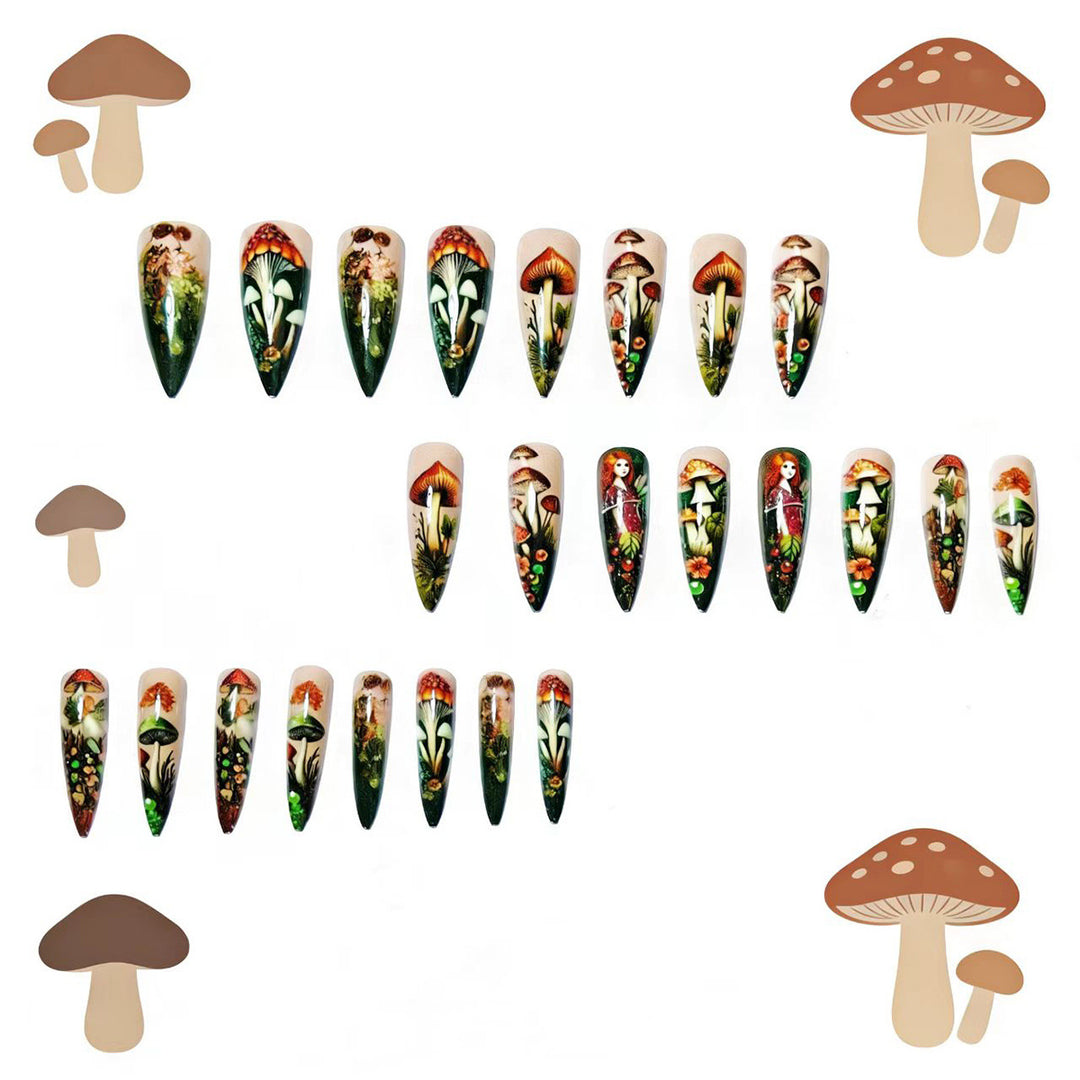 Creative artificial nails with playful fairy and mushroom design Bowlift