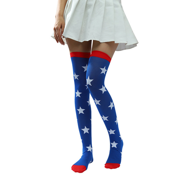 Women's thigh-high stockings with star pattern, elastic silicone top and seamless toe Bowlift