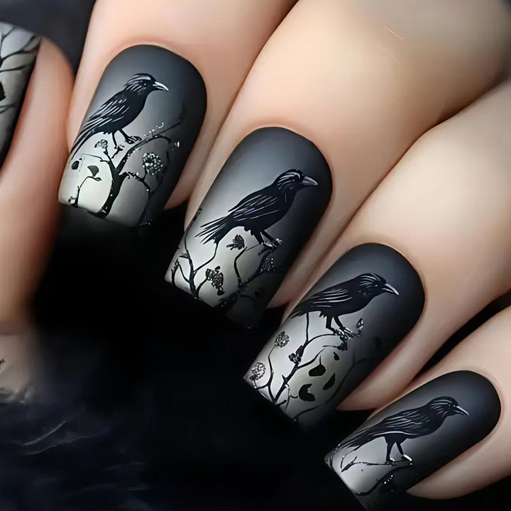 Artistic Raven-Themed Nail Art Bowlift