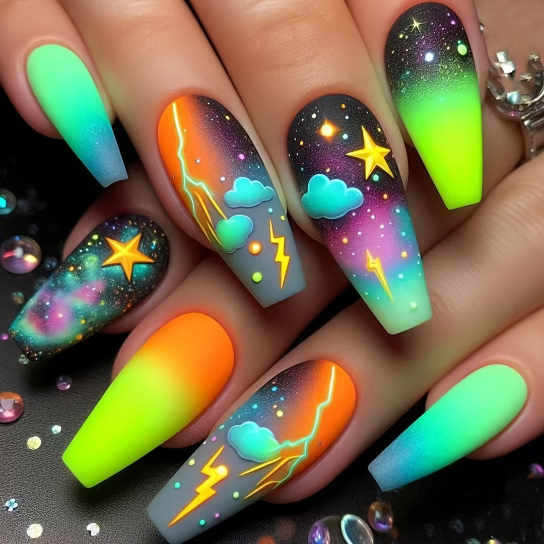 Creative acrylic nails with neon galaxy design Bowlift