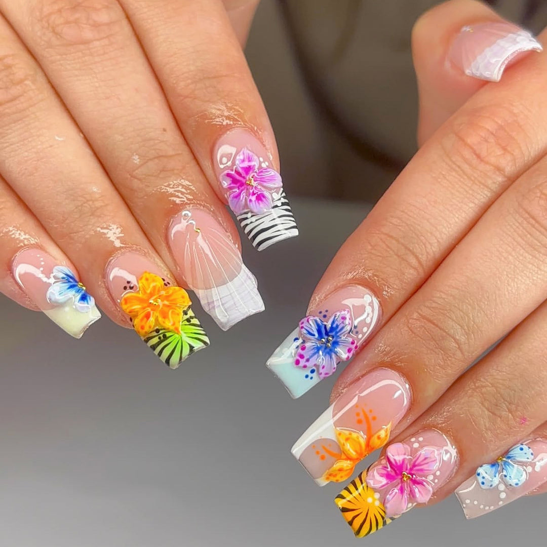 Tropical Floral Acrylic Nail Art Extensions Bowlift