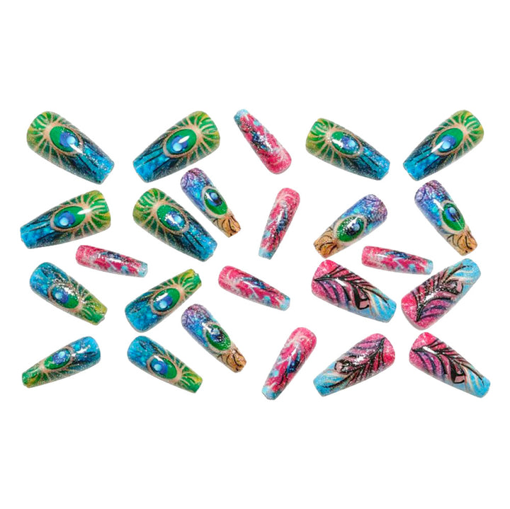 Artificial nails with detailed peacock feather motif Bowlift