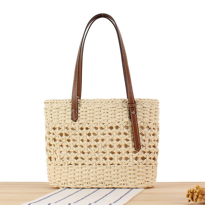 Handbag Made of Handwoven Straw with Elegant Faux Leather Handles Bowlift