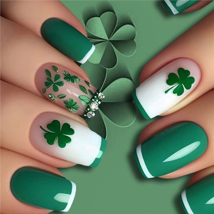 Artistic Shamrock-Themed Press-On Nail Set Bowlift