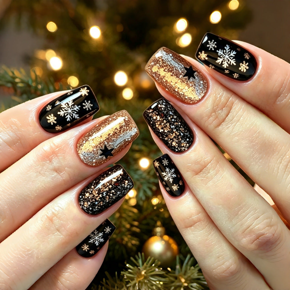 Creative artificial nails with sparkling glitter and festive winter design Bowlift