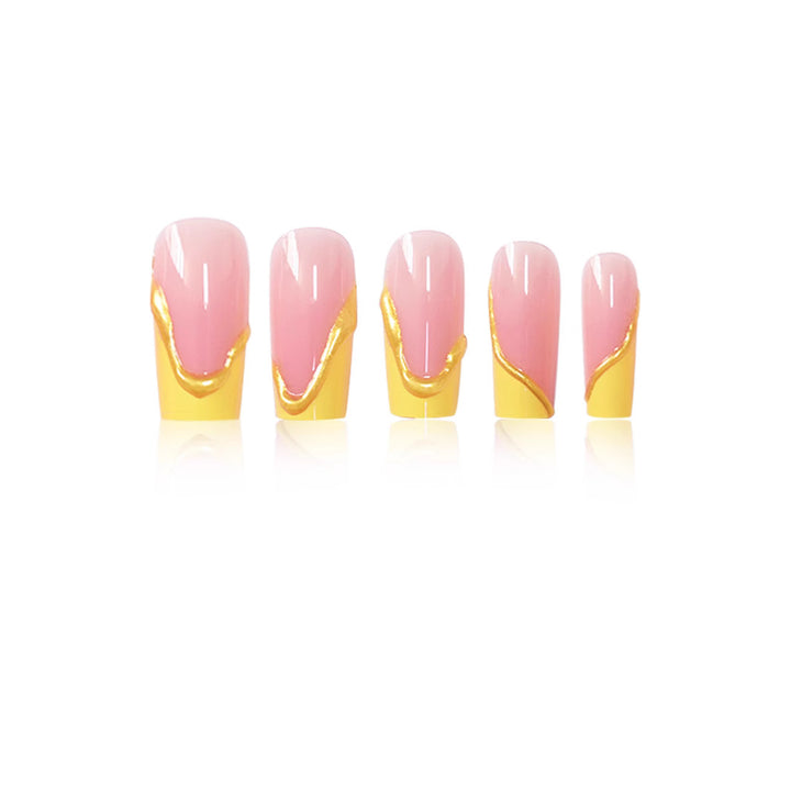 Elegant Acrylic French Tip Press-On Nails with Gold Detailing Bowlift