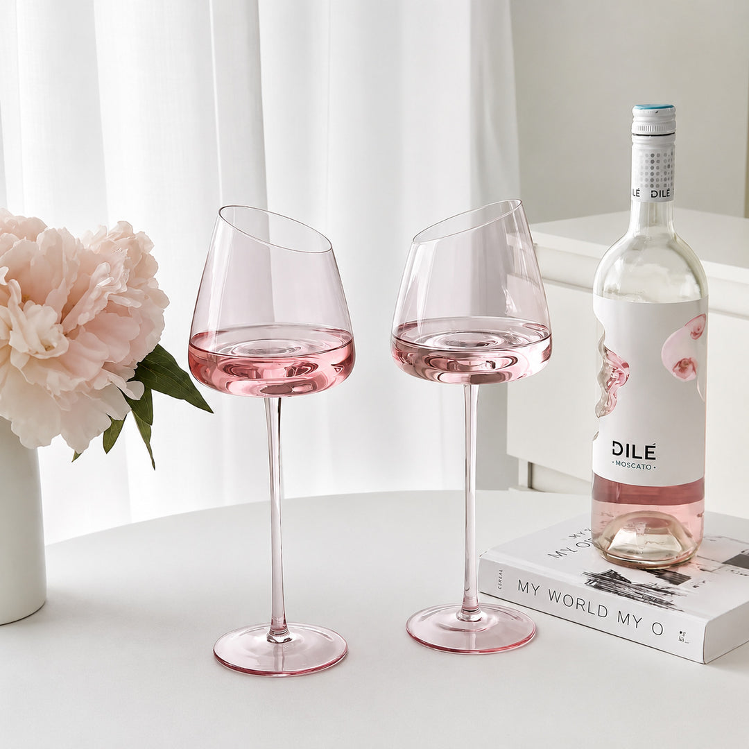 Tilted Rim Tall Stemmed Rose Wine Goblet Bowlift