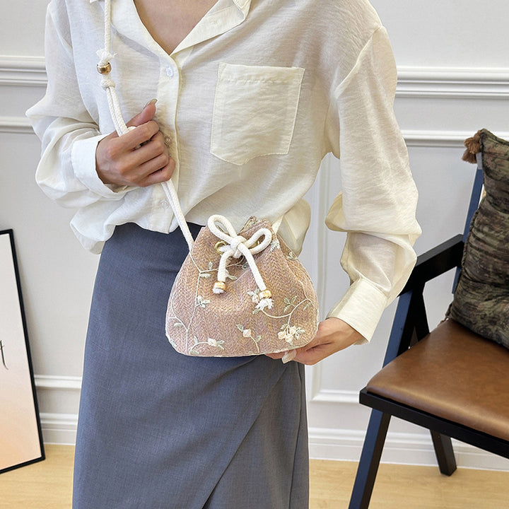 Embroidered Drawstring Bucket Bag Bowlift