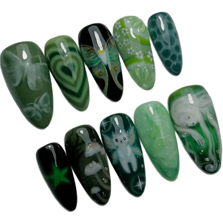 Artistic Green-Themed Acrylic Nail Enhancements Bowlift