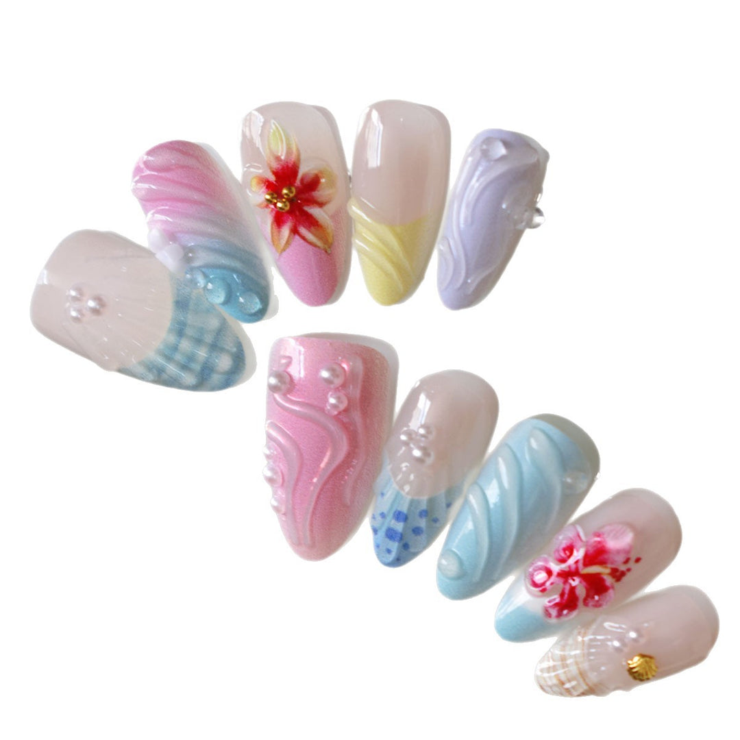Decorative 3D Floral and Shell Press-On Nail Art Bowlift
