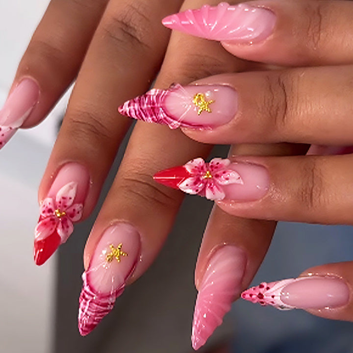 Artistic Press-On Nail Set with Floral and Decorative Accents Bowlift
