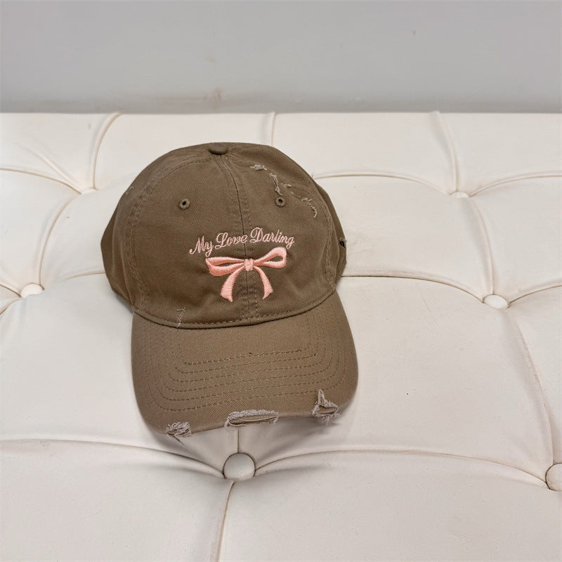 Women's Distressed Cotton Baseball Cap with Bow Embroidery Bowlift
