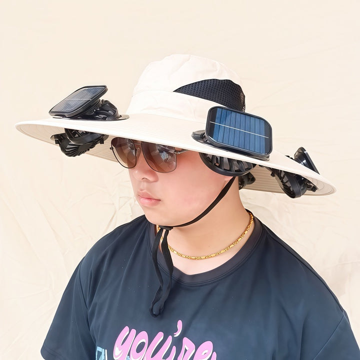 Wide-brimmed sun hat with detachable swivel solar fans and adjustable chin strap Bowlift