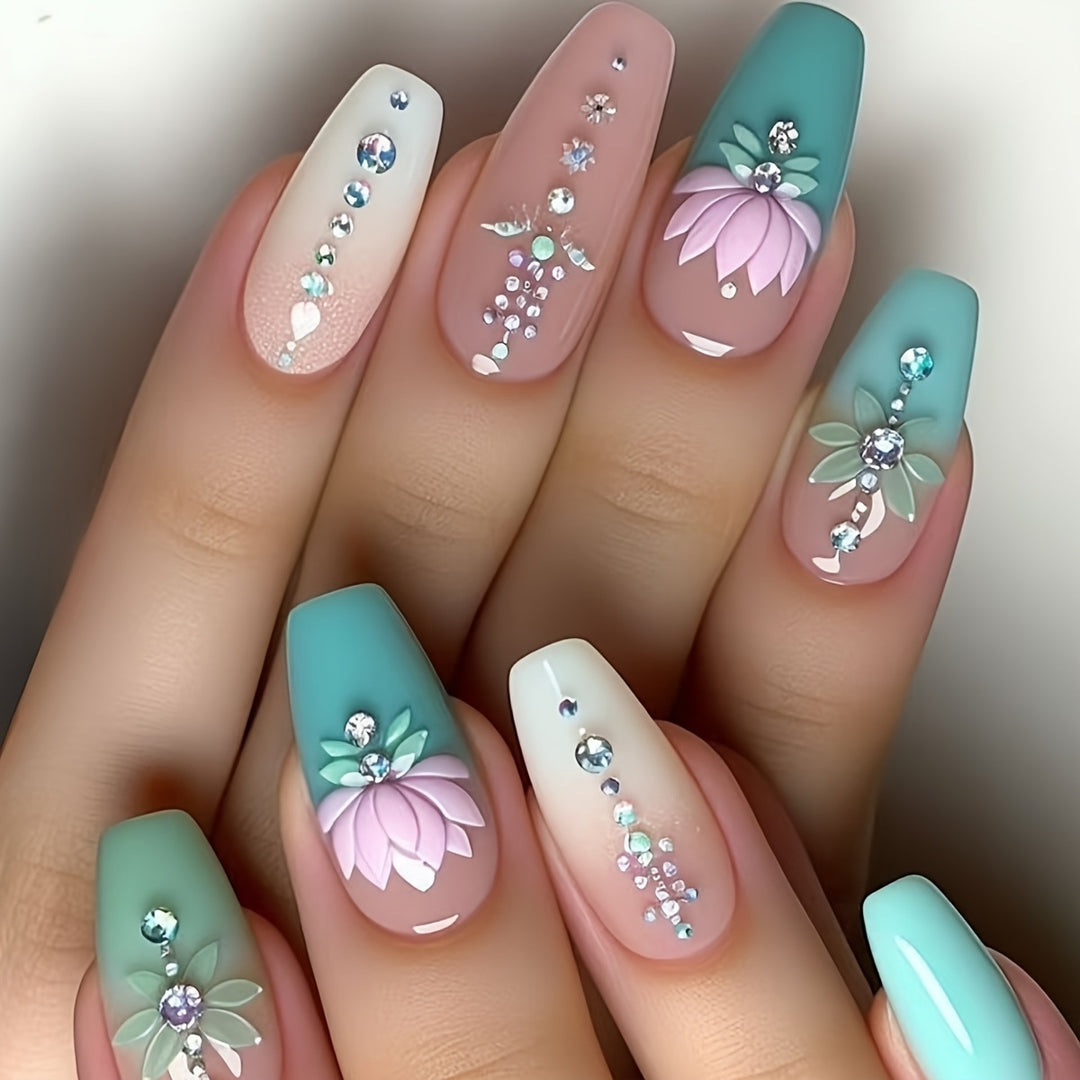 Floral and Gemstone Nail Art Extensions Bowlift