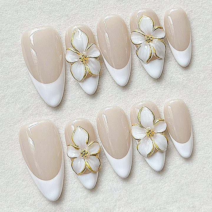 Elegant Floral-Embellished Press-On Nail Set Bowlift
