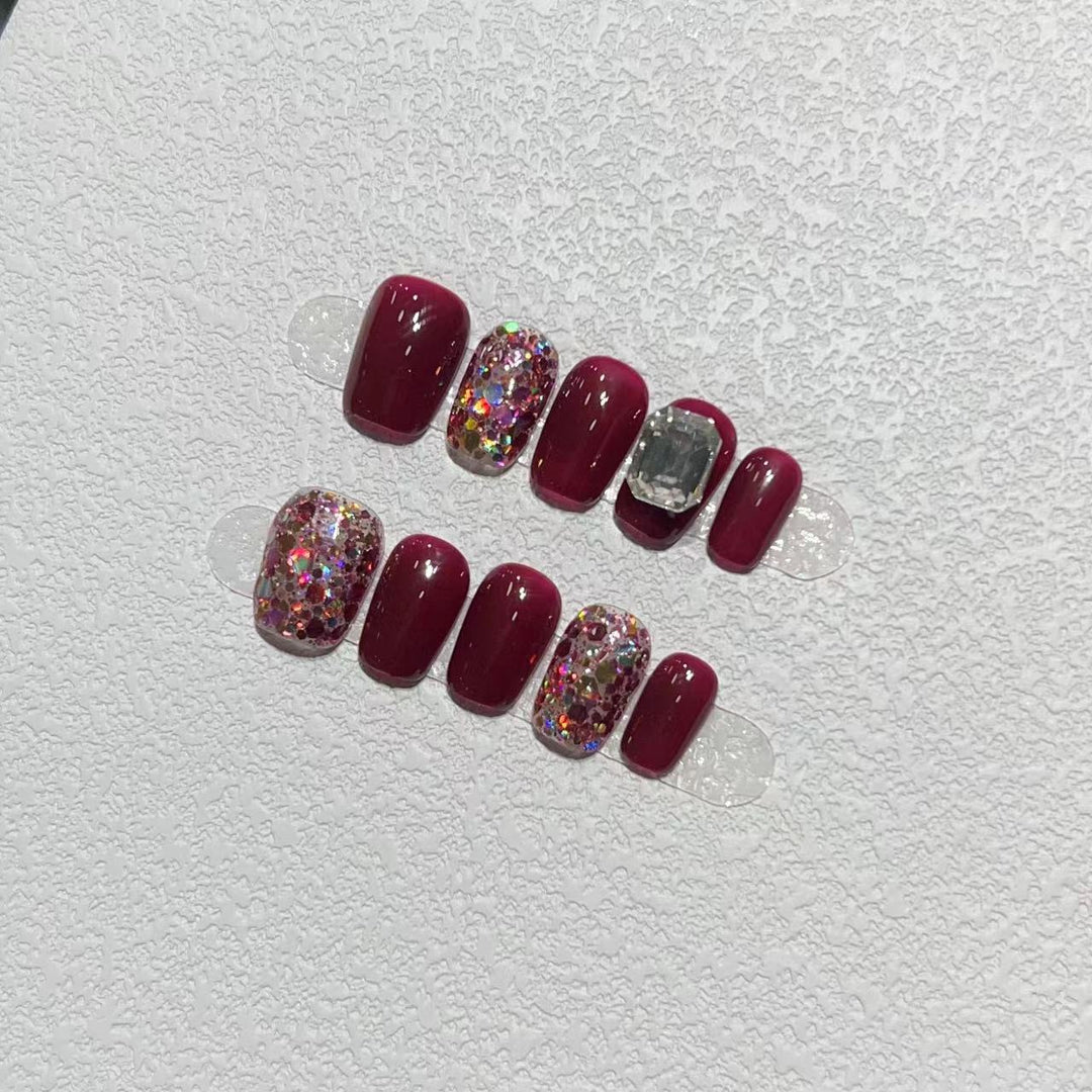 Elegant Press-On Nail Art Set with Gemstone Accents Bowlift
