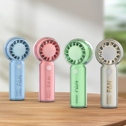 Cooling portable high-speed handheld mini fan with transparent safety housing and USB-C recharge Bowlift