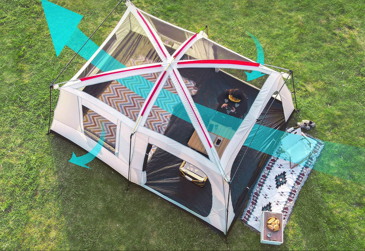 large family capacity blackout PVC dome tent with triple-door multi-window living area Bowlift