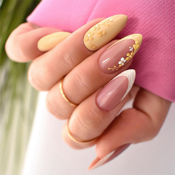 Premium Artistic Press-On Nail Set with Floral and Gem Accents Bowlift