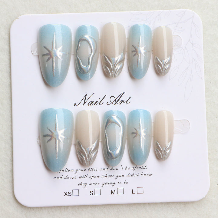 Artistic Press-On Nail Art Set with Silver Accents Bowlift