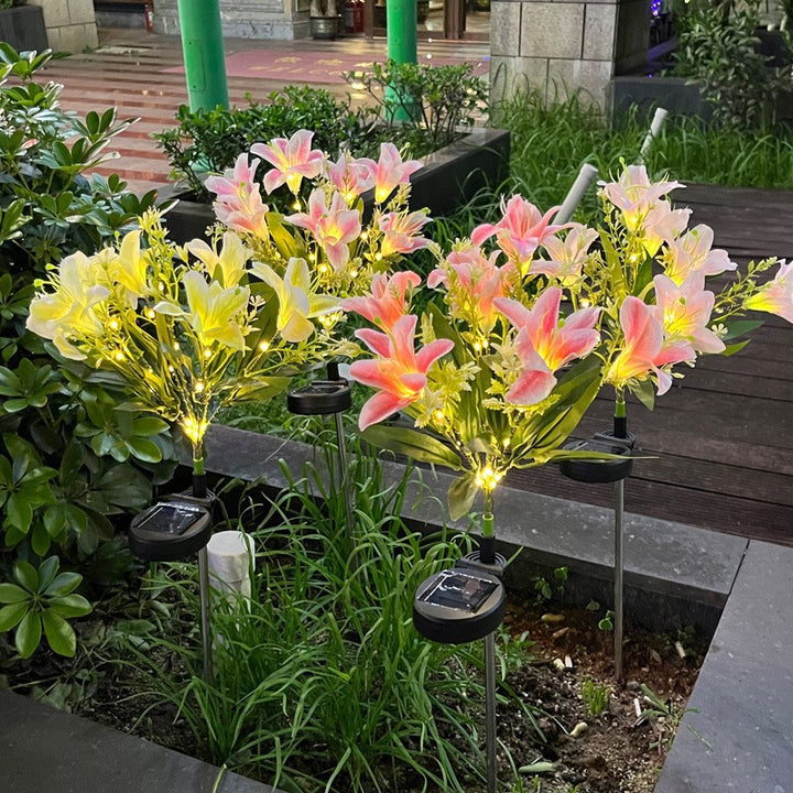 Solar-Powered Lifelike Lily Bloom Landscape Stake With Micro-LED Cluster And Telescopic Ground Spike Bowlift