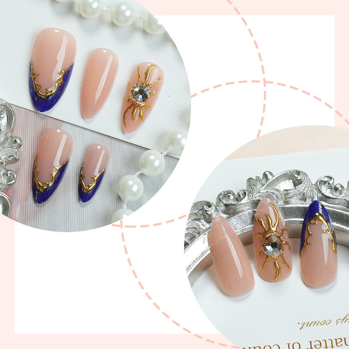 Premium Decorative Press-On Nail Set with Gold and Blue Accent Designs Bowlift