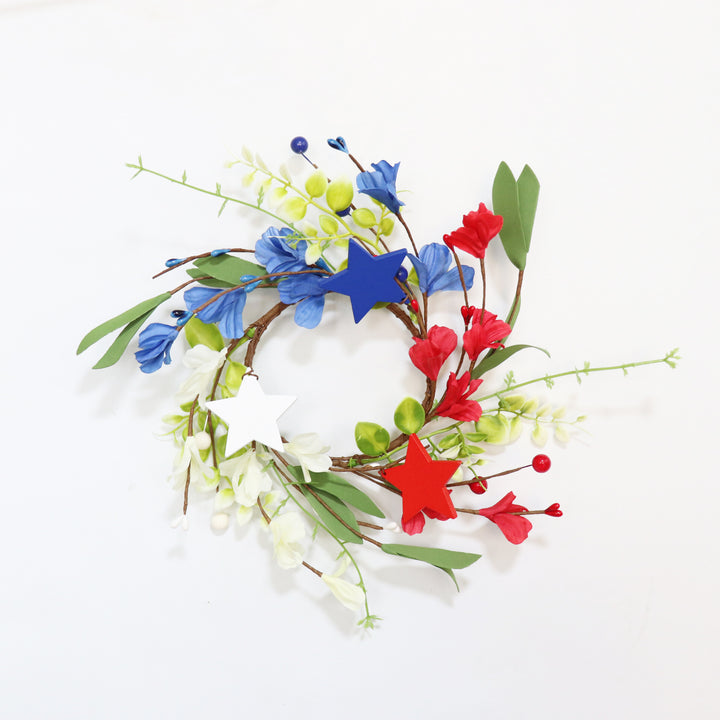 Unisex hand-crafted door wreath with wooden stars, artificial flowers, and flexible vine branch Bowlift
