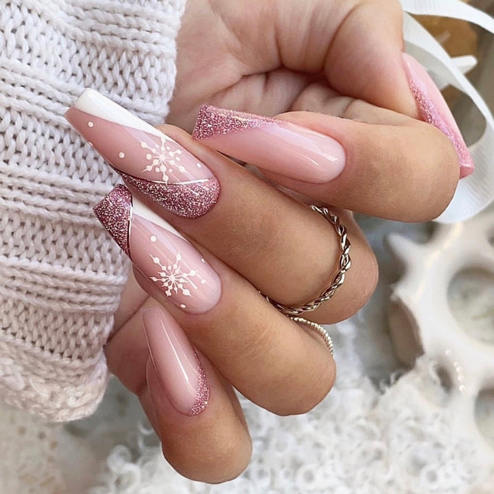 Artificial nail set with sparkling glitter effects and delicate winter motif Bowlift