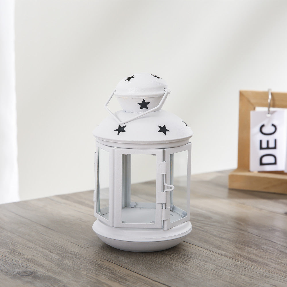 Decorative Star-Cut Glass Panel Metal Tea Light Lantern Bowlift