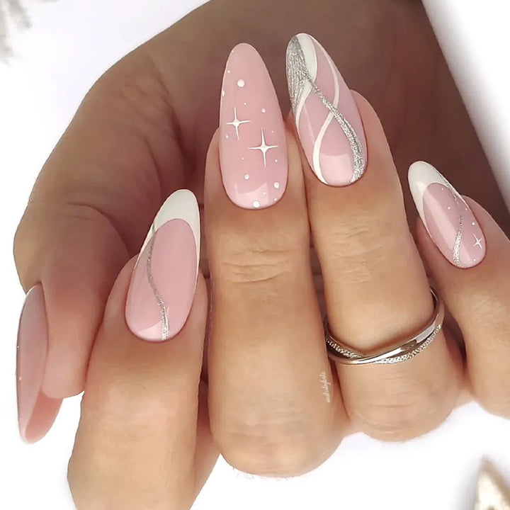 Artificial nail set with elegant marbled tips and glitter accents Bowlift