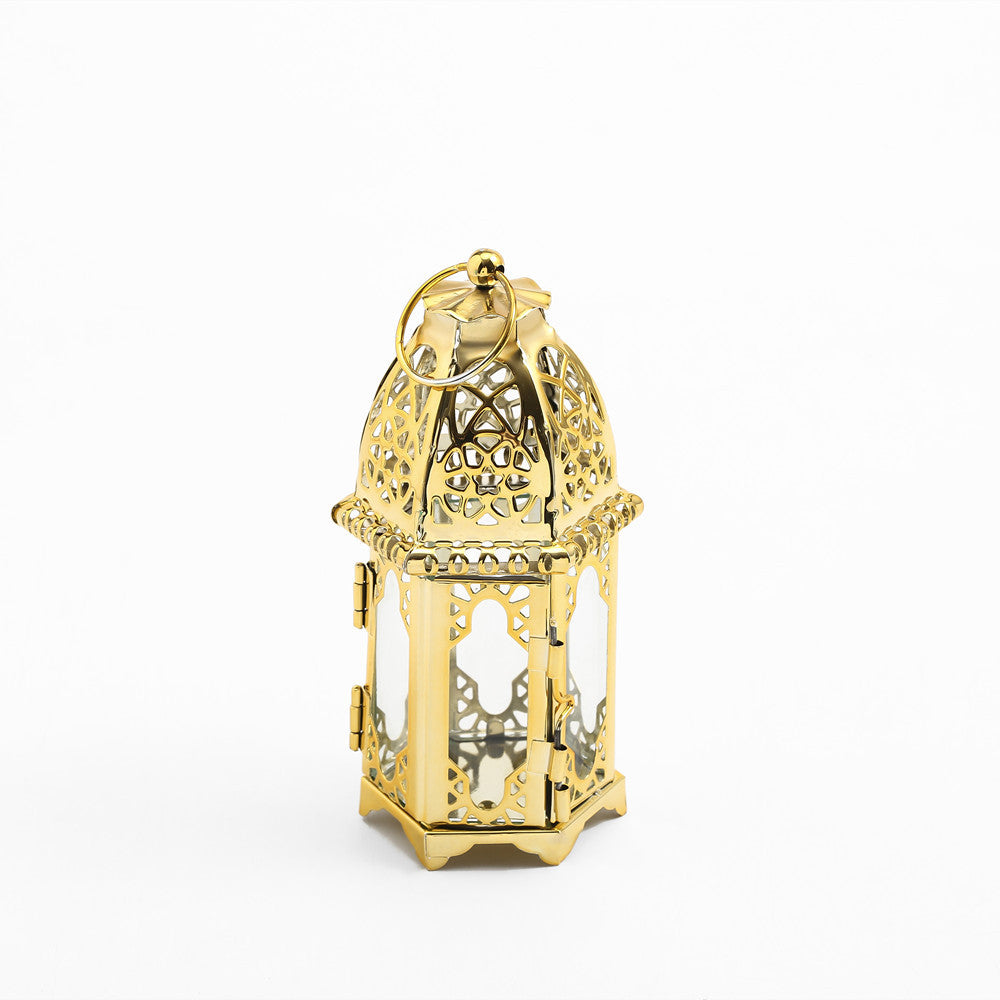 Intricate Cutwork Metal Tealight Lantern with Hinged Glass Panels Bowlift