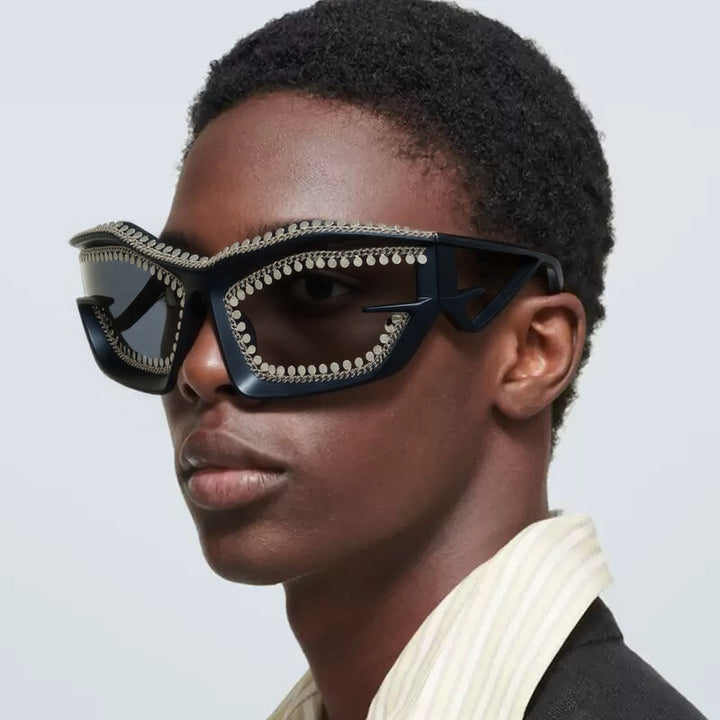 Ladies designer sunglasses in a futuristic look with sparkling rhinestone embellishment Bowlift