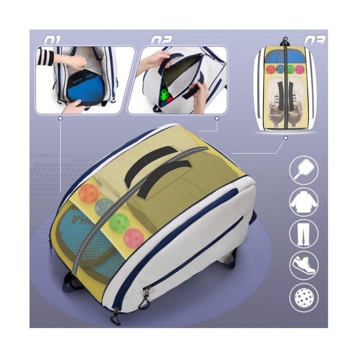 Sporty backpack with integrated shoe and racket compartment Bowlift