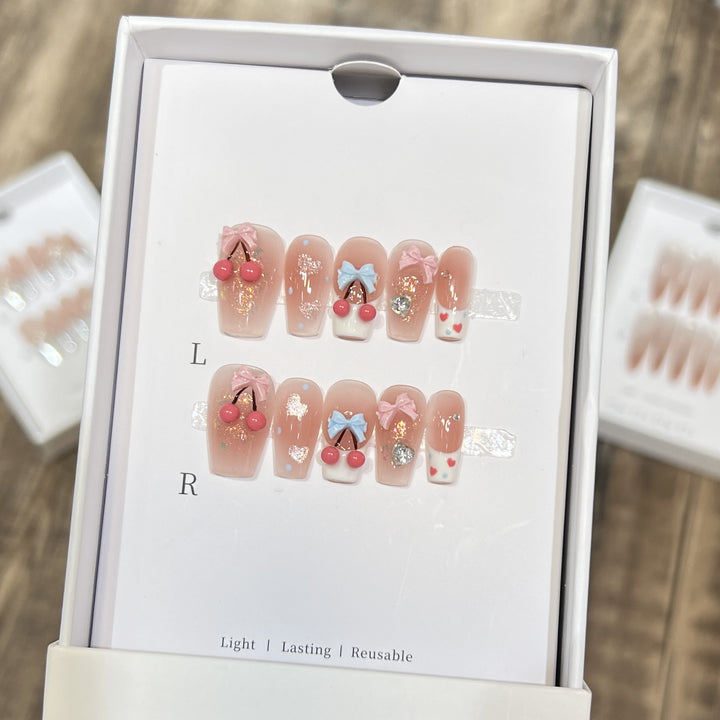 Playful Cherry-Themed Press-On Nail Art Set Bowlift