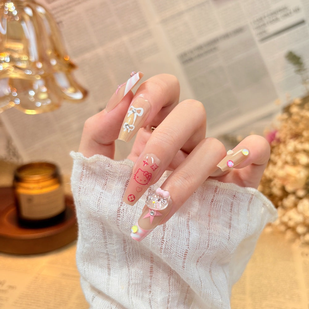 Artistic Press-On Nail Set with Floral and Gemstone Accents Bowlift
