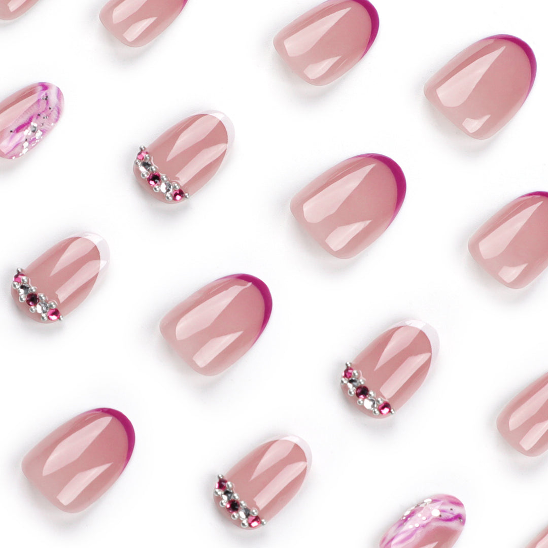 Elegant artificial nails with glamorous gradient colors and rhinestone accents Bowlift