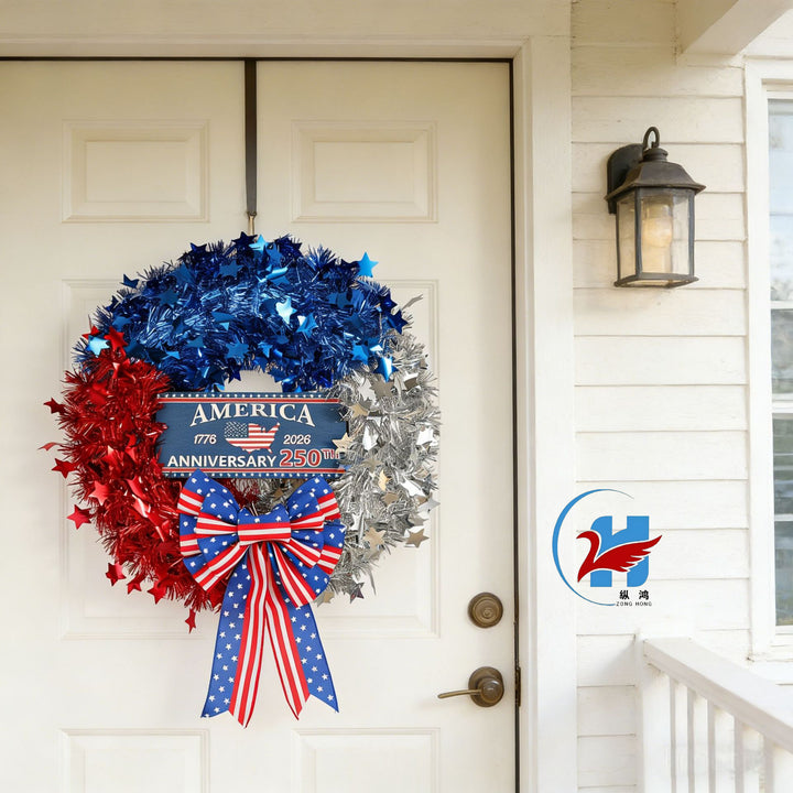Unisex nan more patriotic door wreath made of tinsel with star embellishments and large bow Bowlift