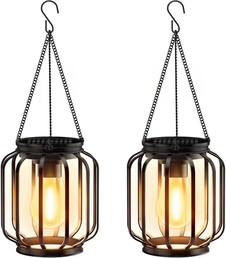 Solar Hanging Outdoor Lanterns With Vintage-Style LED Filament Bulb And Metal Cage Waterproof Suspension Bowlift