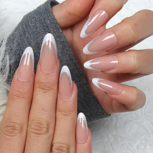 Elegant Stiletto Press-On Nails with Silver Glitter Accents Bowlift