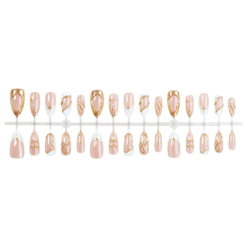 Decorative Press-On Nail Art Set with Elegant Gold Accents Bowlift 1788495840